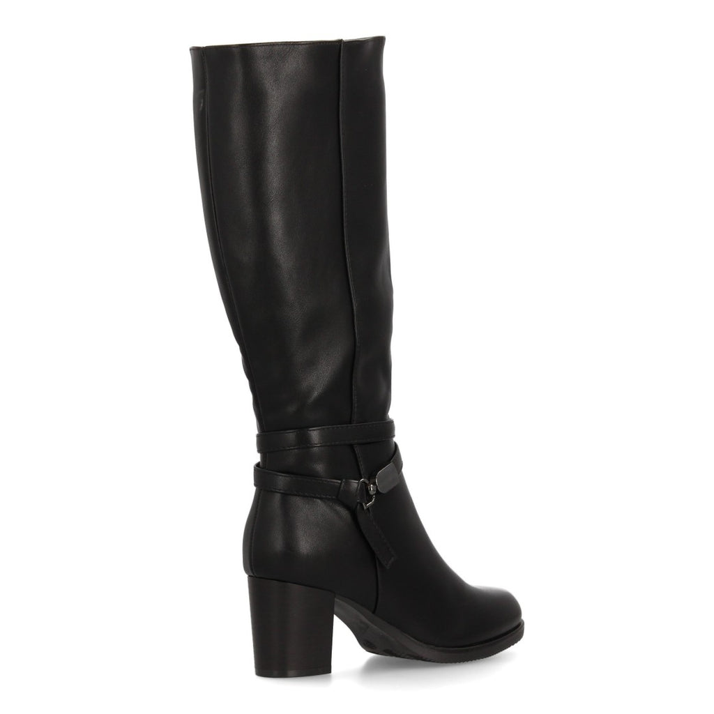 Schwarze kniehohe Stiefel mit mittelhohem Absatz und Knöchelriemen