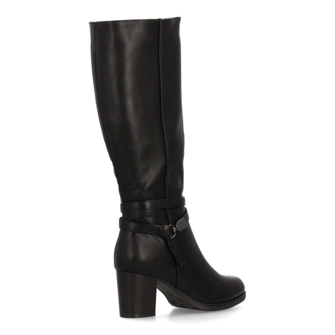 Schwarze kniehohe Stiefel mit mittelhohem Absatz und Knöchelriemen