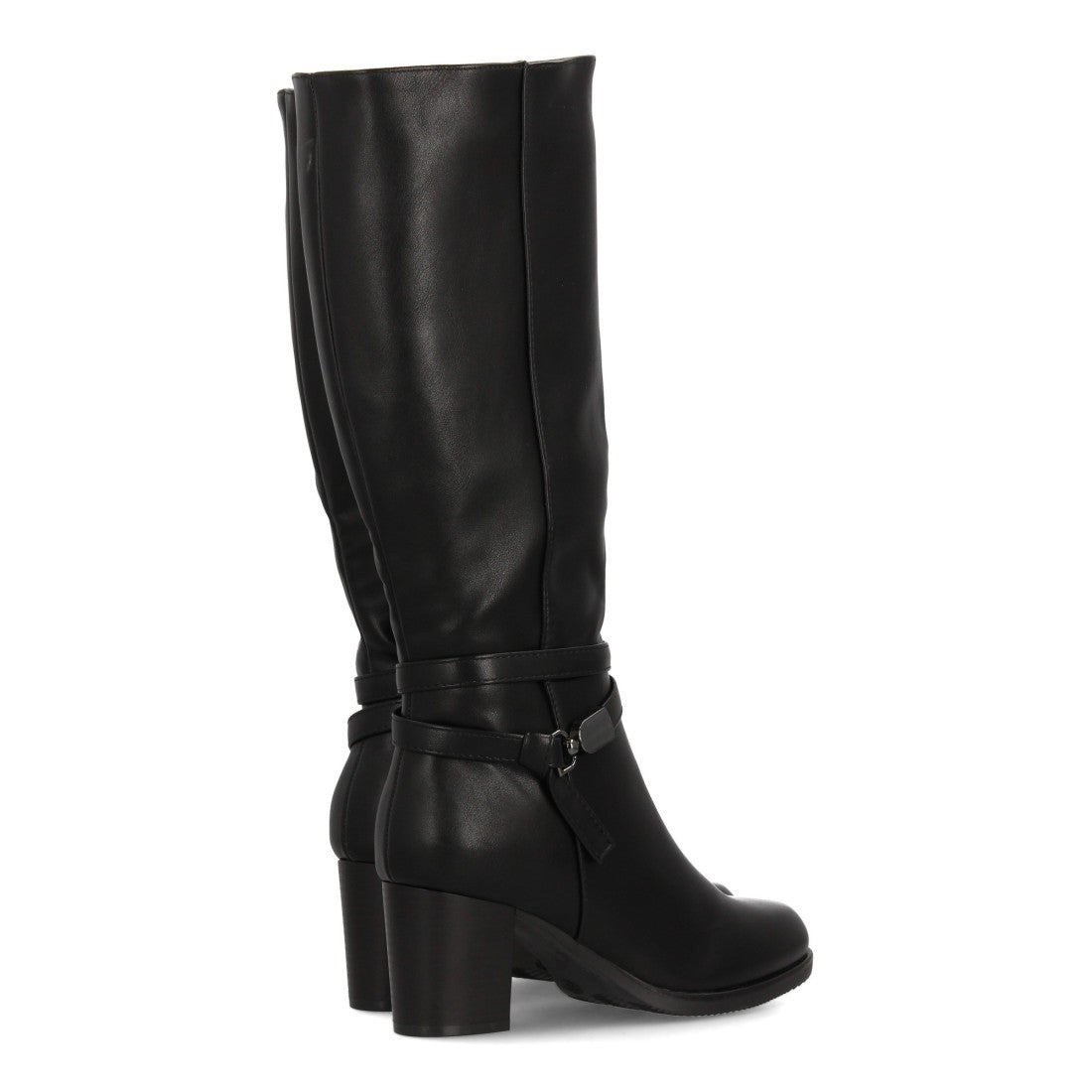 Schwarze kniehohe Stiefel mit mittelhohem Absatz und Knöchelriemen