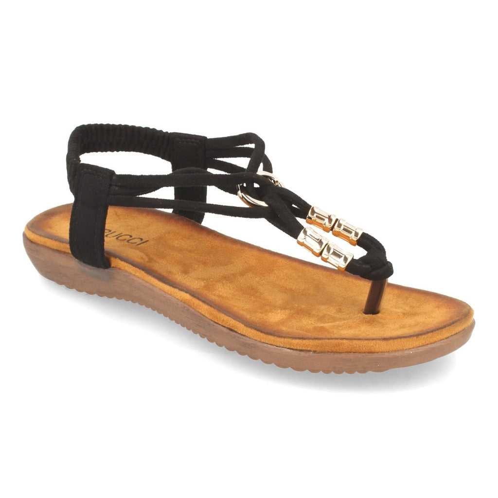 Sandalias Negras Mujer Esclava Detalle Metálico Cómodas