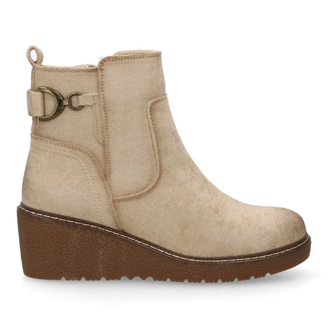 Botines Cuña Beige con Adorno Metálico Lateral y Cremallera