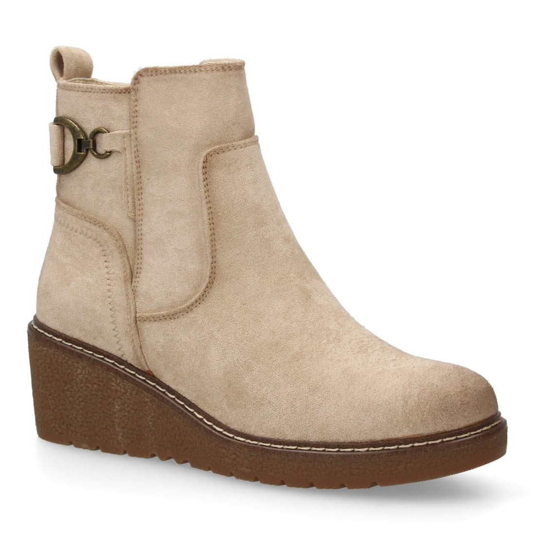 Botines Cuña Beige con Adorno Metálico Lateral y Cremallera