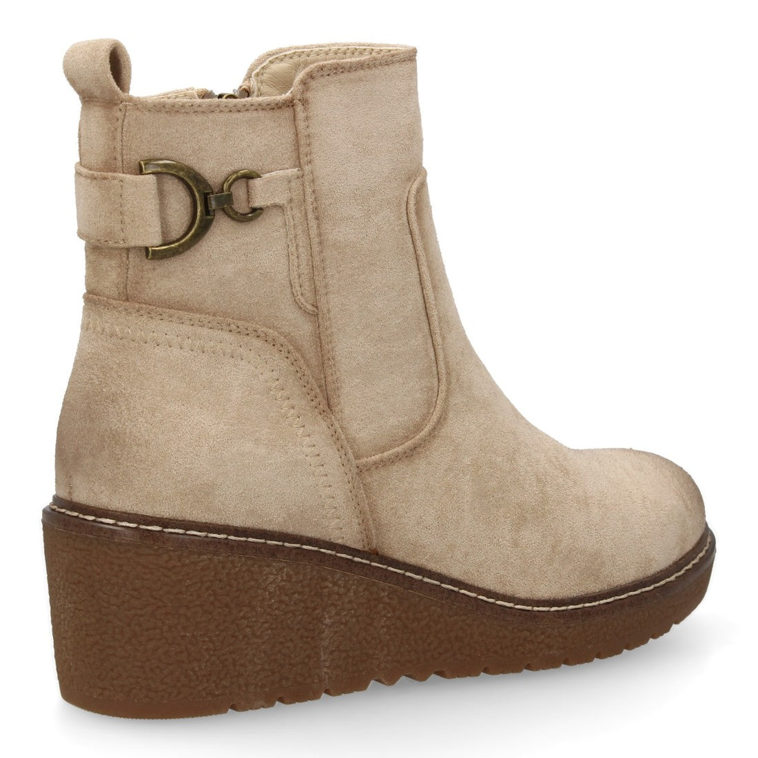 Botines Cuña Beige con Adorno Metálico Lateral y Cremallera