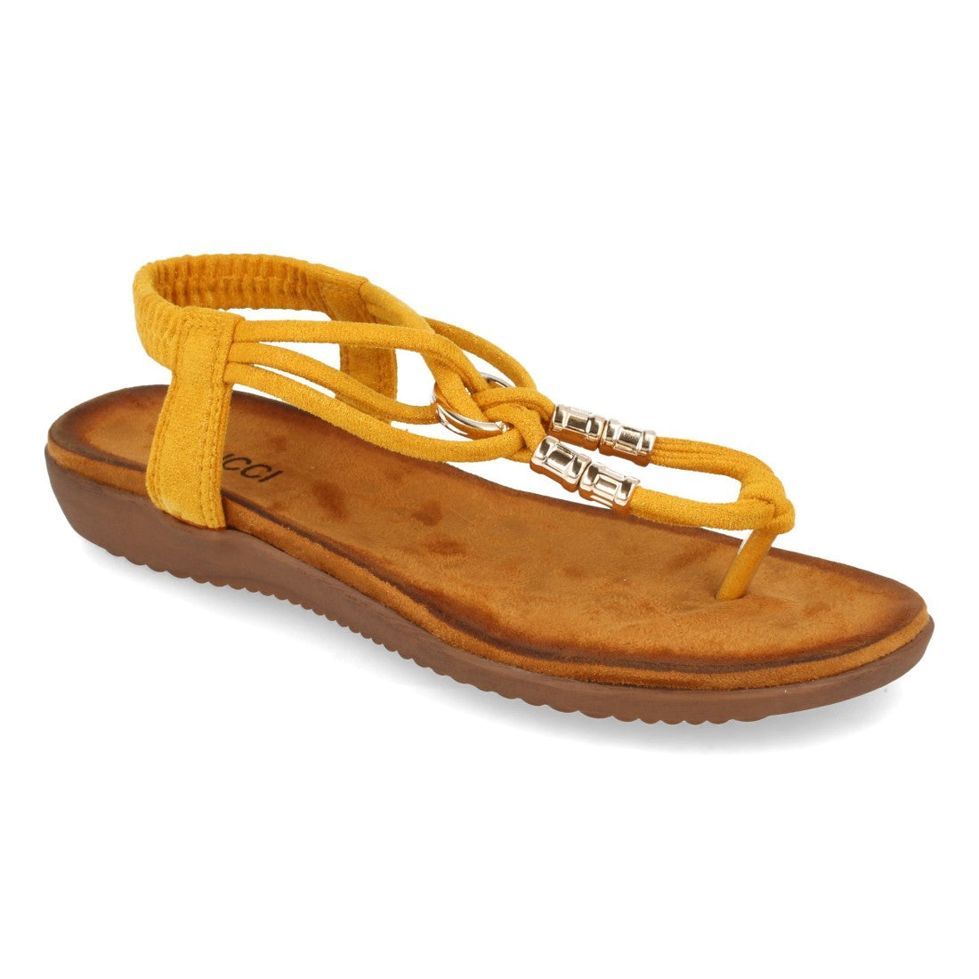 Sandalias Amarillas Mujer Esclava Detalle Metálico Cómodas