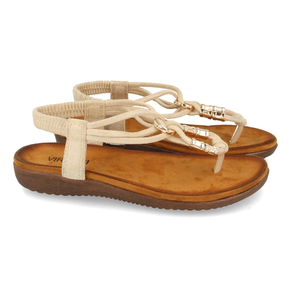 Sandalias Beige Mujer Esclava Detalle Metálico Cómodas