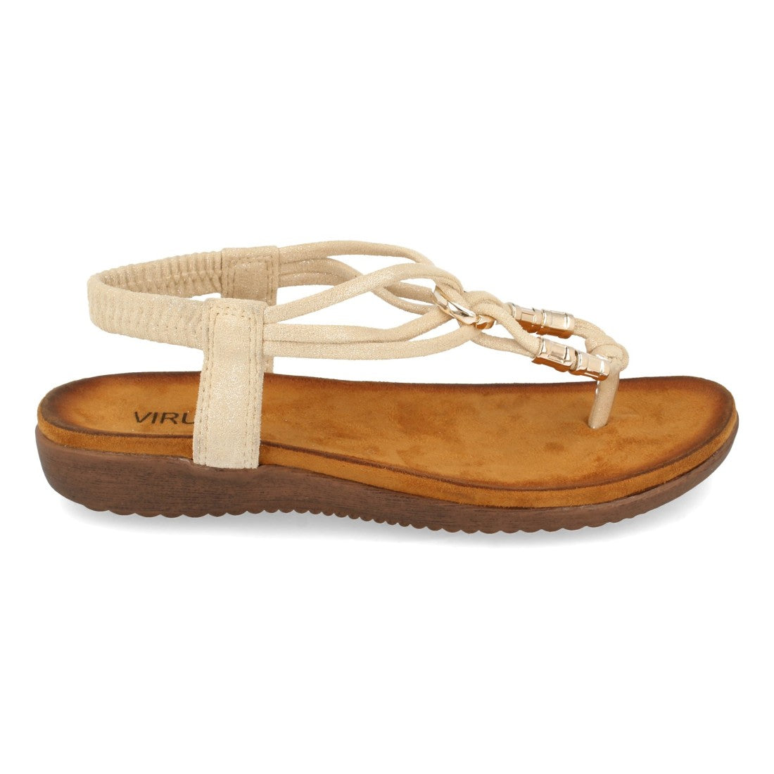 Sandalias Beige Mujer Esclava Detalle Metálico Cómodas