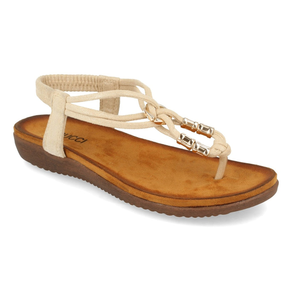 Sandalias Beige Mujer Esclava Detalle Metálico Cómodas