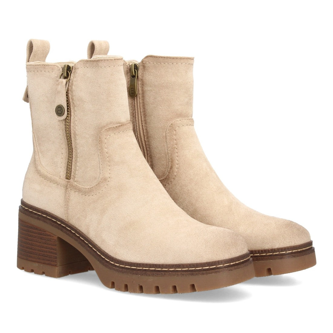 Botines Tacón Ancho Beige con Suela Dentada y Cremallera