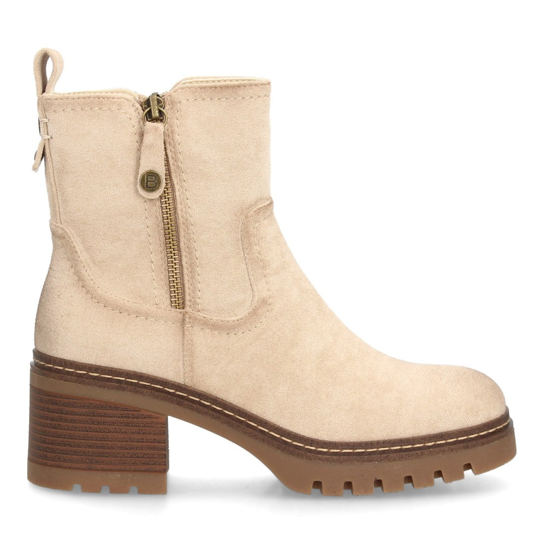 Botines Tacón Ancho Beige con Suela Dentada y Cremallera