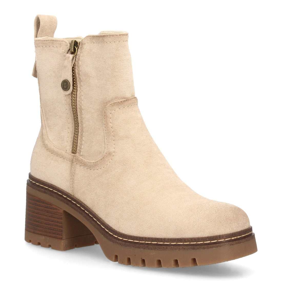 Botines Tacón Ancho Beige con Suela Dentada y Cremallera