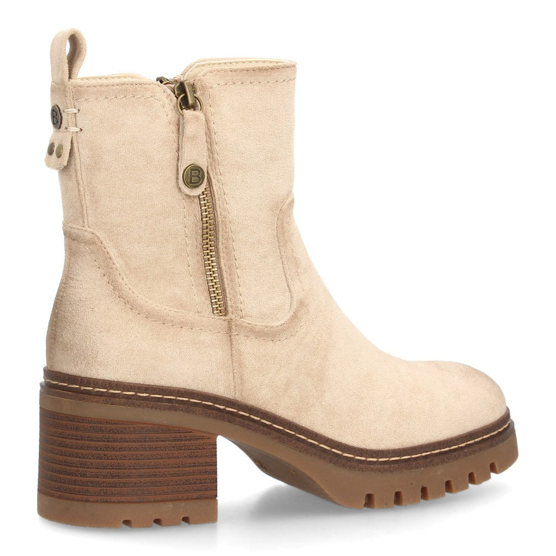 Botines Tacón Ancho Beige con Suela Dentada y Cremallera