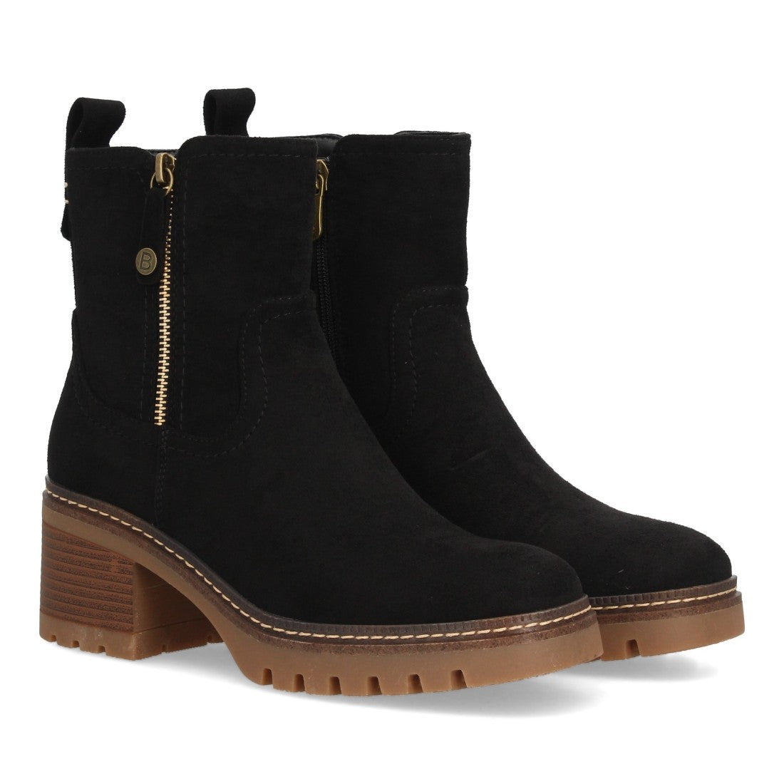 Botines Tacón Ancho Negro con Suela Dentada y Cremallera