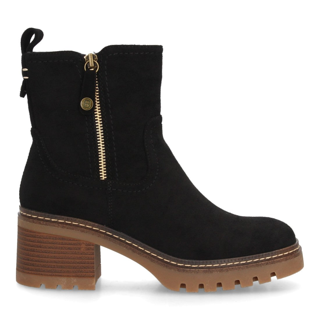 Botines Tacón Ancho Negro con Suela Dentada y Cremallera