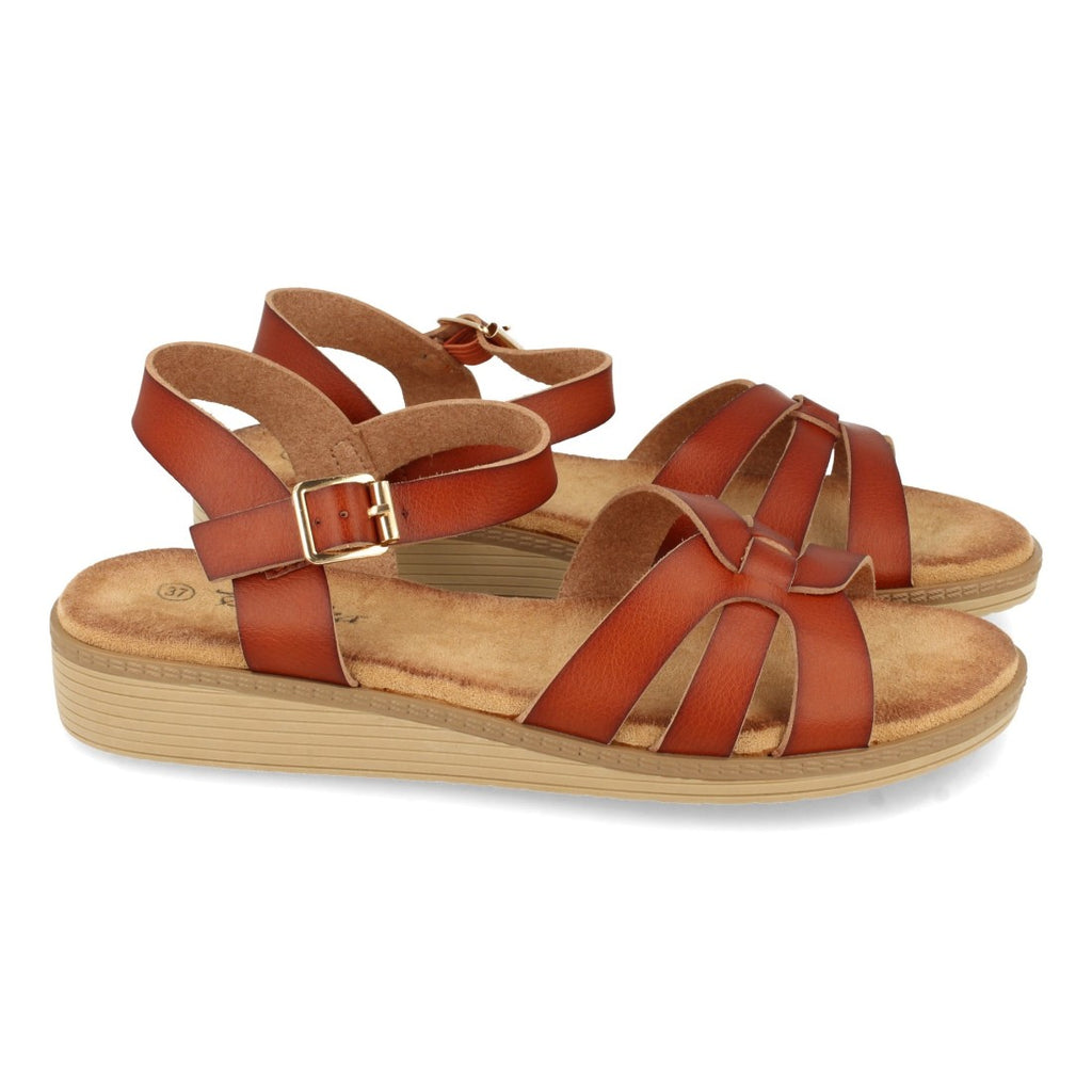 Sandalias Camel Mujer Planas Pala Cruzada Hebilla Cómodas