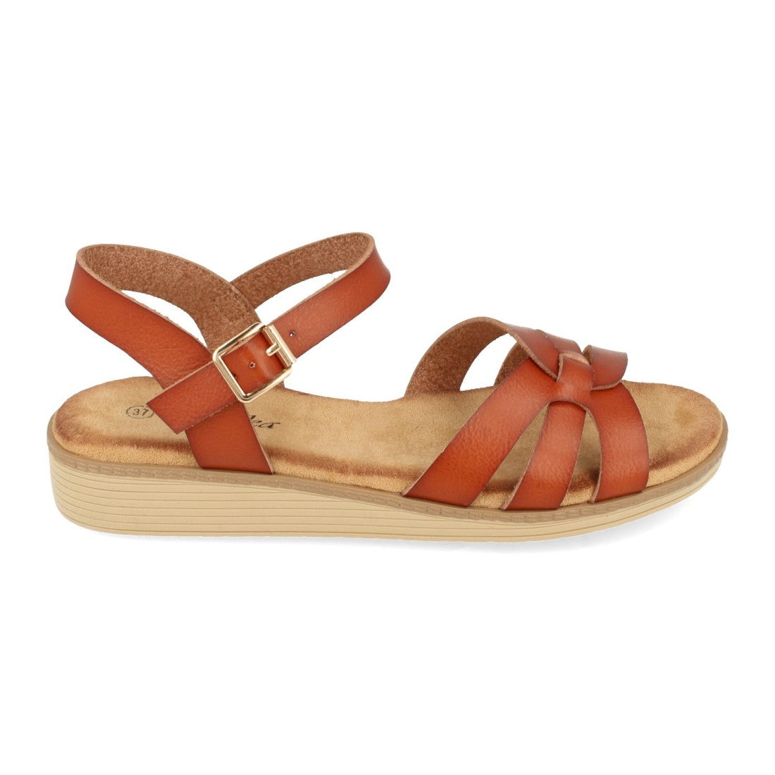 Sandalias Camel Mujer Planas Pala Cruzada Hebilla Cómodas