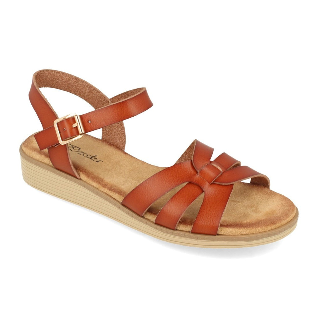 Sandalias Camel Mujer Planas Pala Cruzada Hebilla Cómodas
