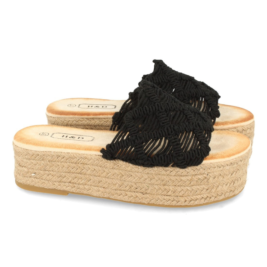 Sandalias Negras Mujer Planas Yute Cordones Entrelazados