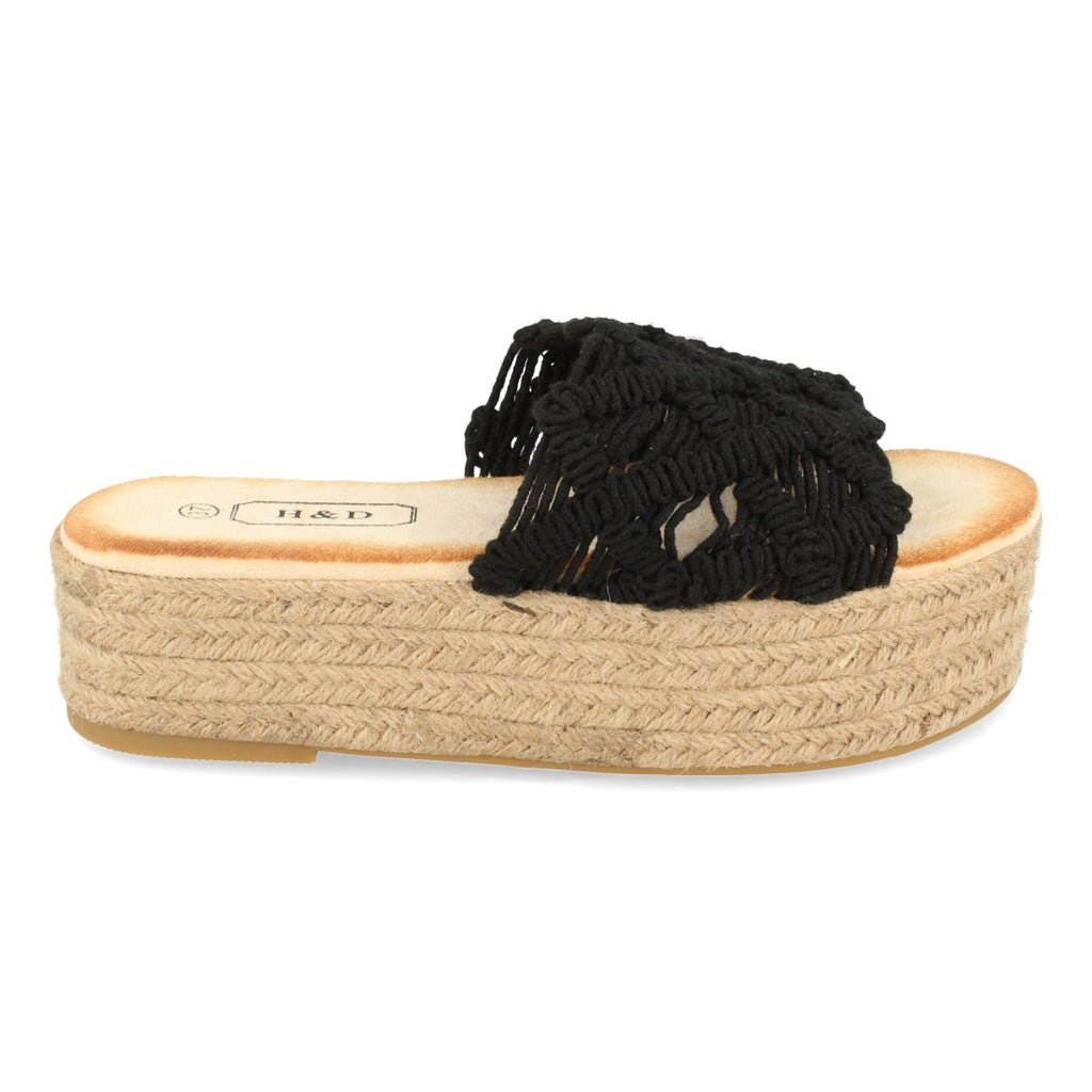 Sandalias Negras Mujer Planas Yute Cordones Entrelazados