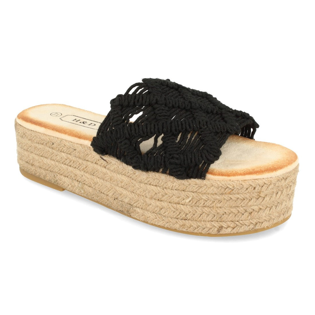 Sandalias Negras Mujer Planas Yute Cordones Entrelazados