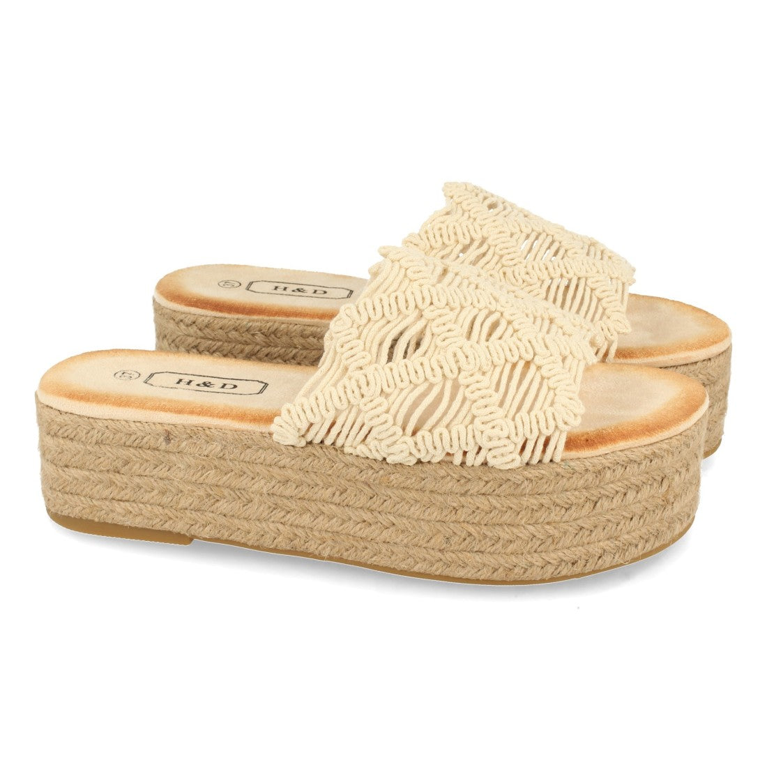 Sandalias Beige Mujer Planas Yute Cordones Entrelazados