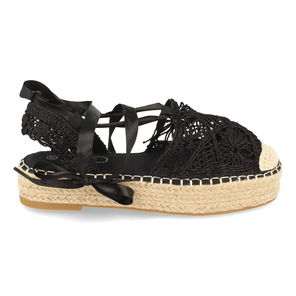 Sandalias Negras Mujer Planas Yute Rafia Cordones