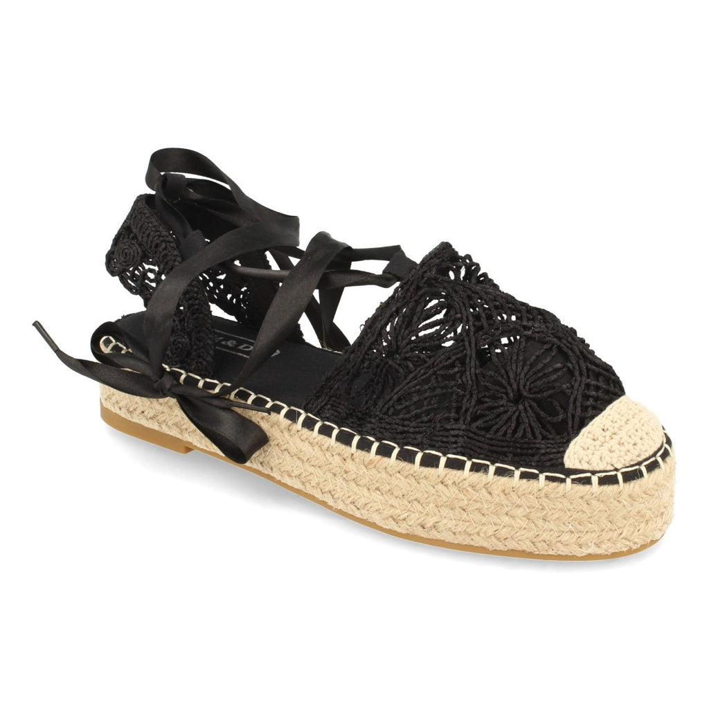 Sandalias Negras Mujer Planas Yute Rafia Cordones