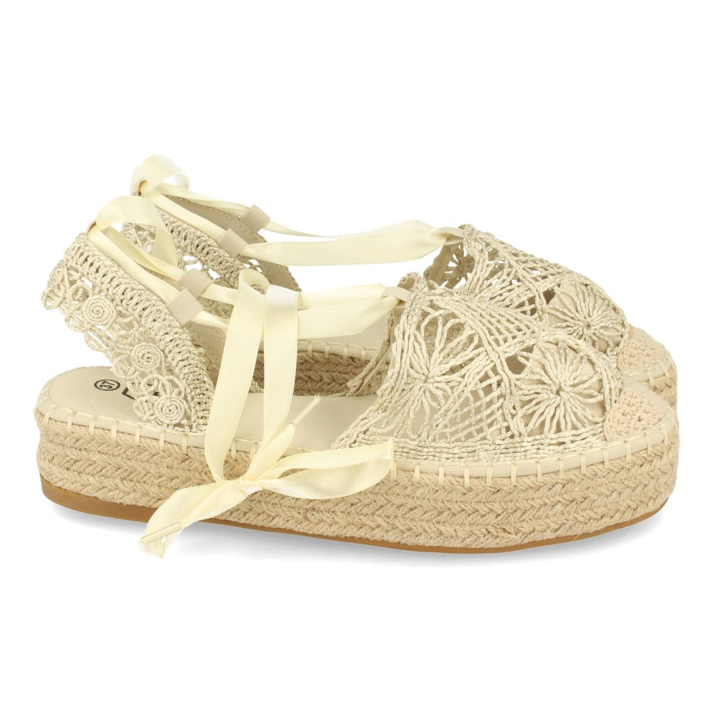 Sandalias Beige Mujer Planas Yute Rafia Cordones