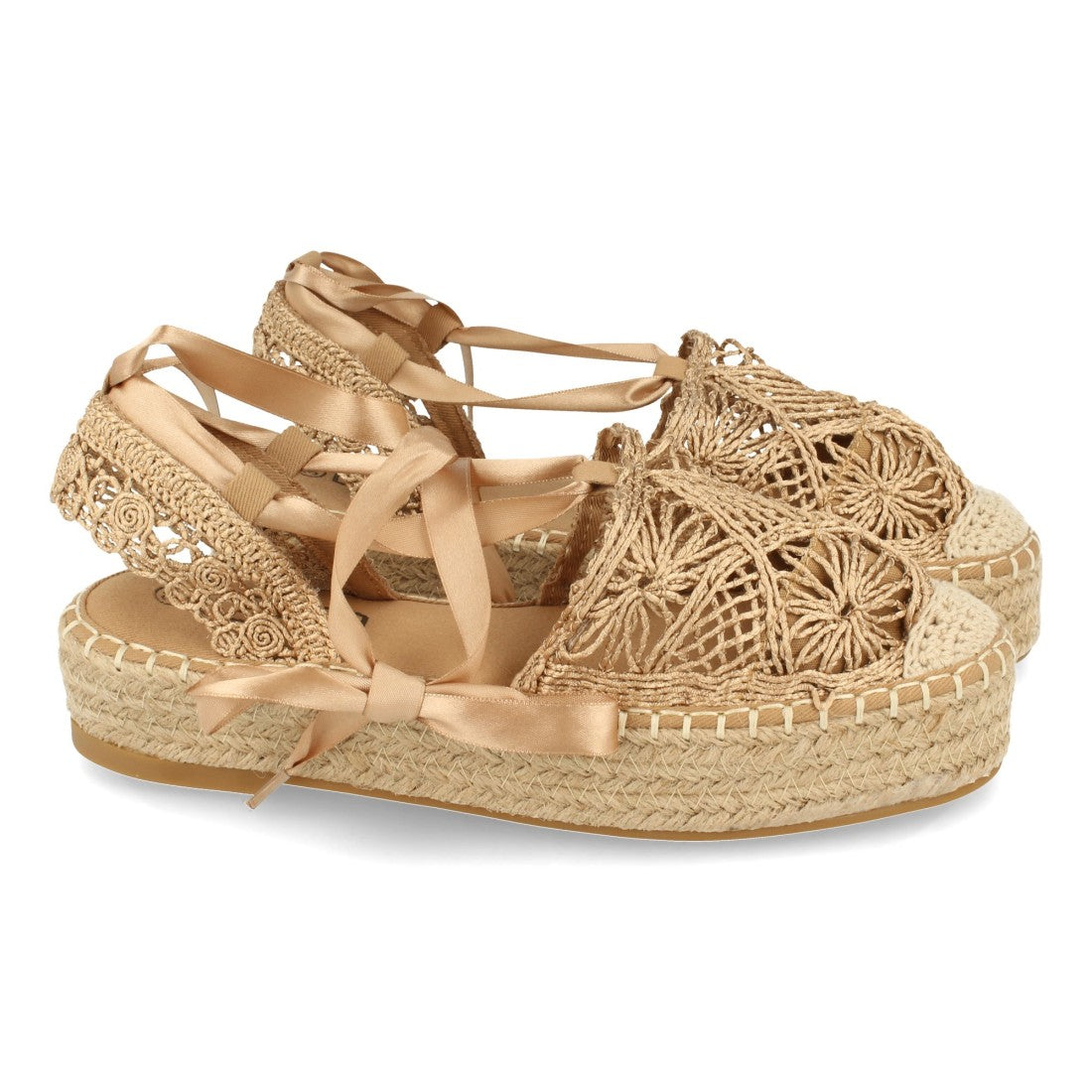 Sandalias Doradas Mujer Planas Yute Rafia Cordones