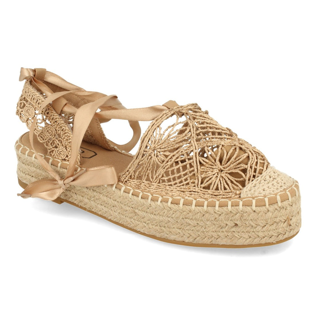 Sandalias Doradas Mujer Planas Yute Rafia Cordones
