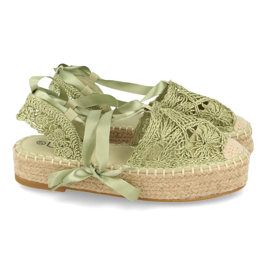 Sandalias Verdes Mujer Planas Yute Rafia Cordones