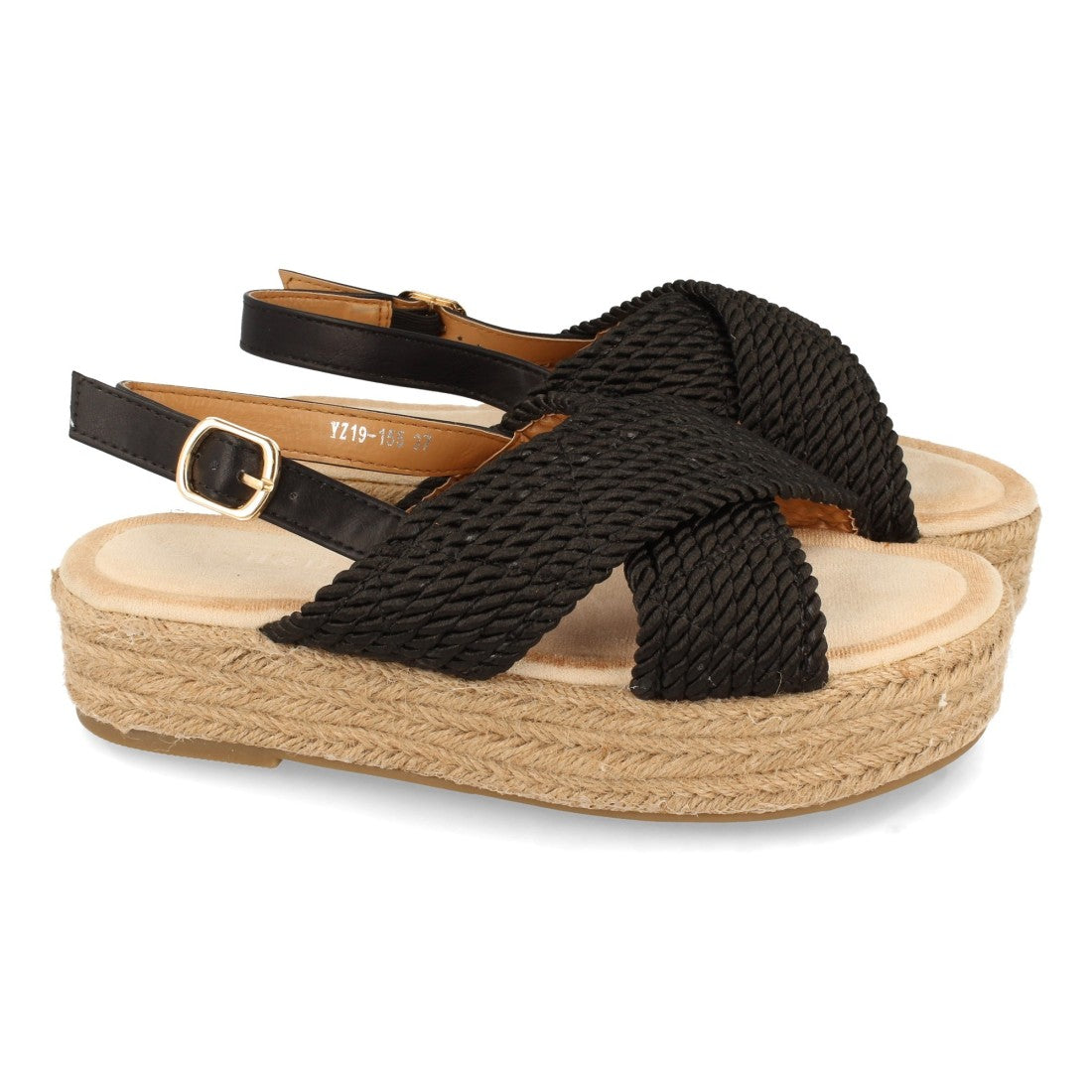 Sandalias Negras Mujer Planas Yute Palas Cruzadas