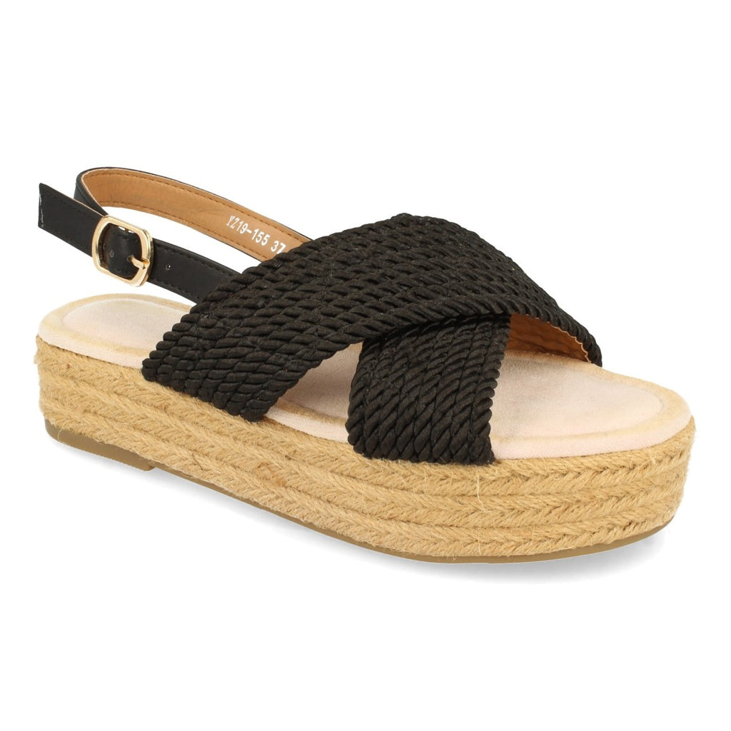 Sandalias Negras Mujer Planas Yute Palas Cruzadas