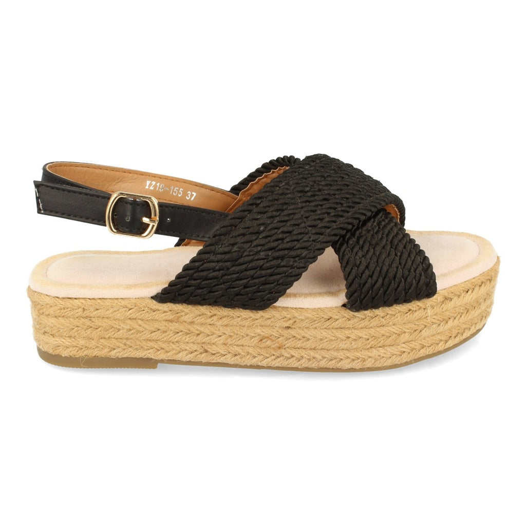 Sandalias Negras Mujer Planas Yute Palas Cruzadas