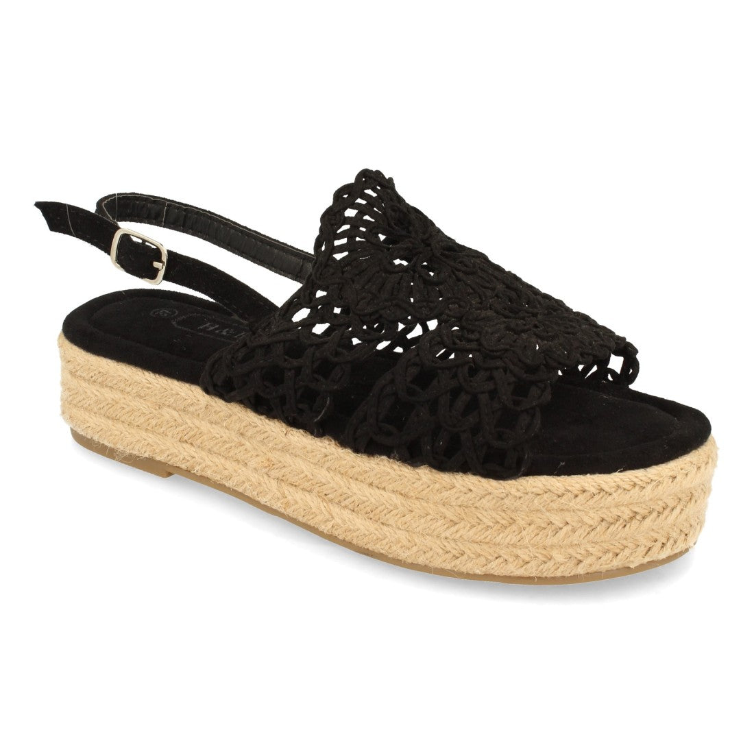 Sandalias Negras Mujer Planas Yute Rafia Hebilla Cómodas