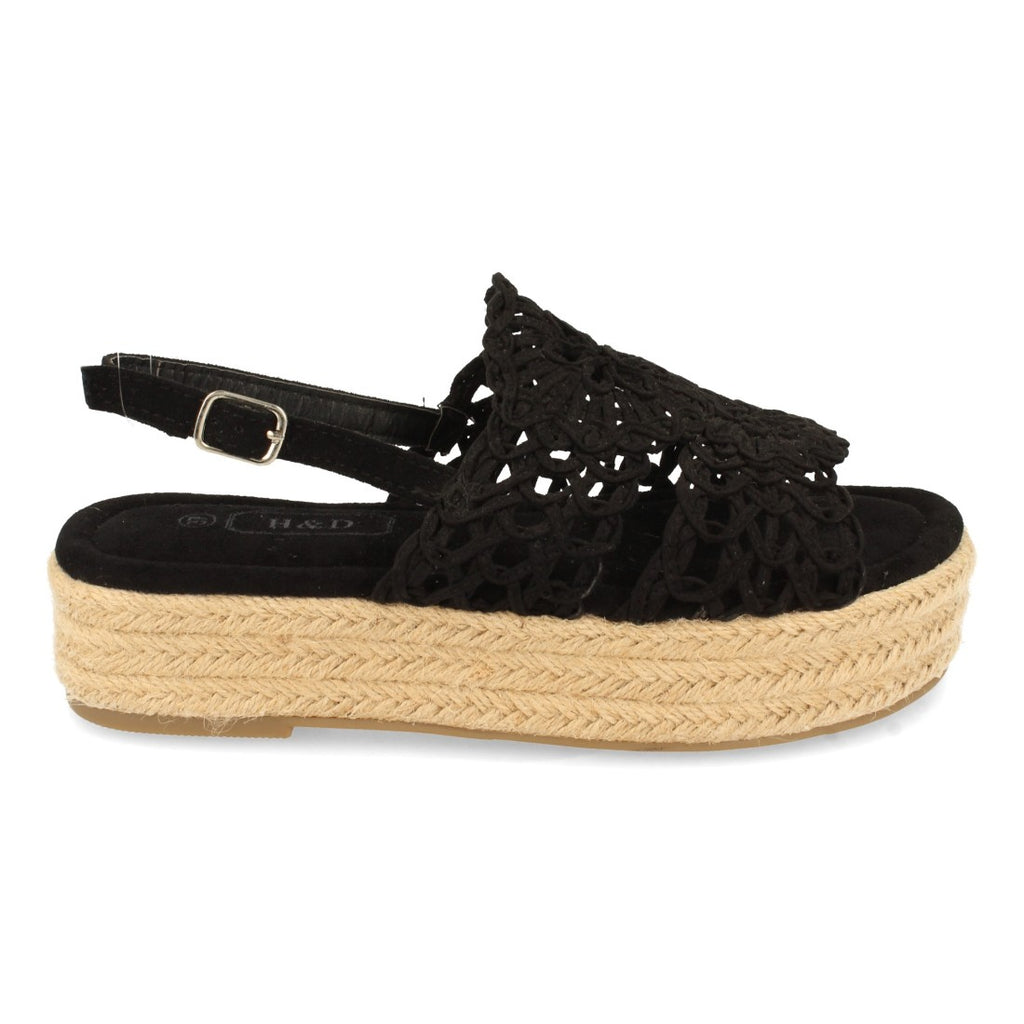 Sandalias Negras Mujer Planas Yute Rafia Hebilla Cómodas
