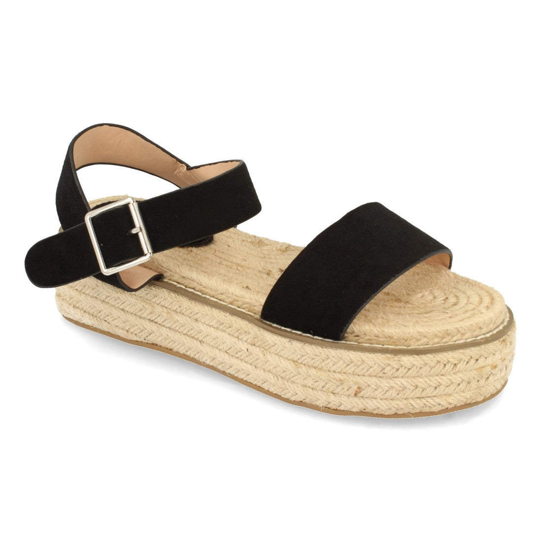 Sandalias Negras Mujer Plataforma Yute Hebilla Cómodas