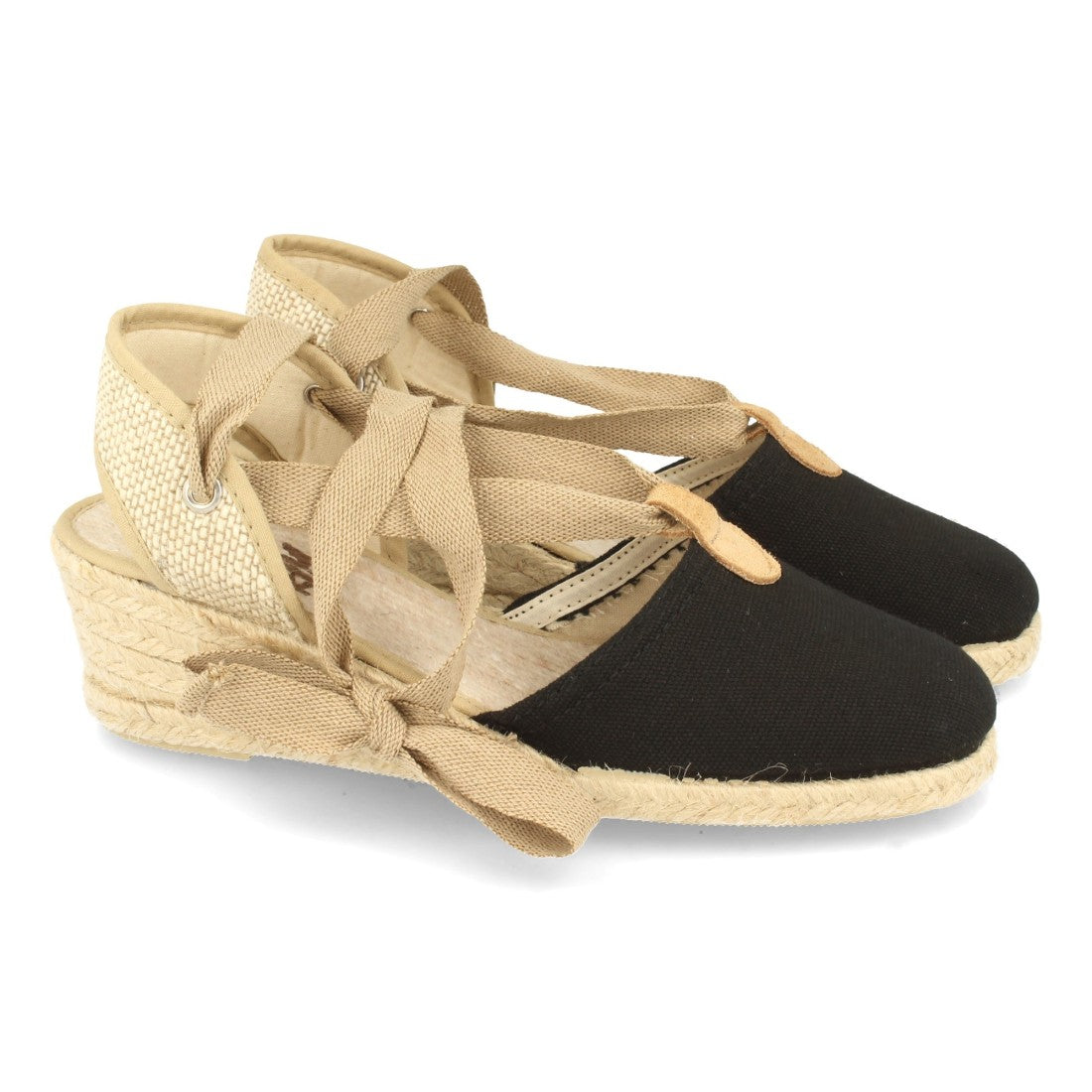 Sandalias Negras Mujer Cuña Yute Hecho en España Pala Cerrada Cordones Elegantes