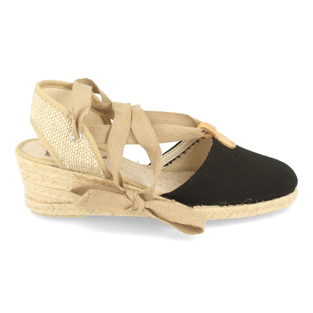 Sandalias Negras Mujer Cuña Yute Hecho en España Pala Cerrada Cordones Elegantes
