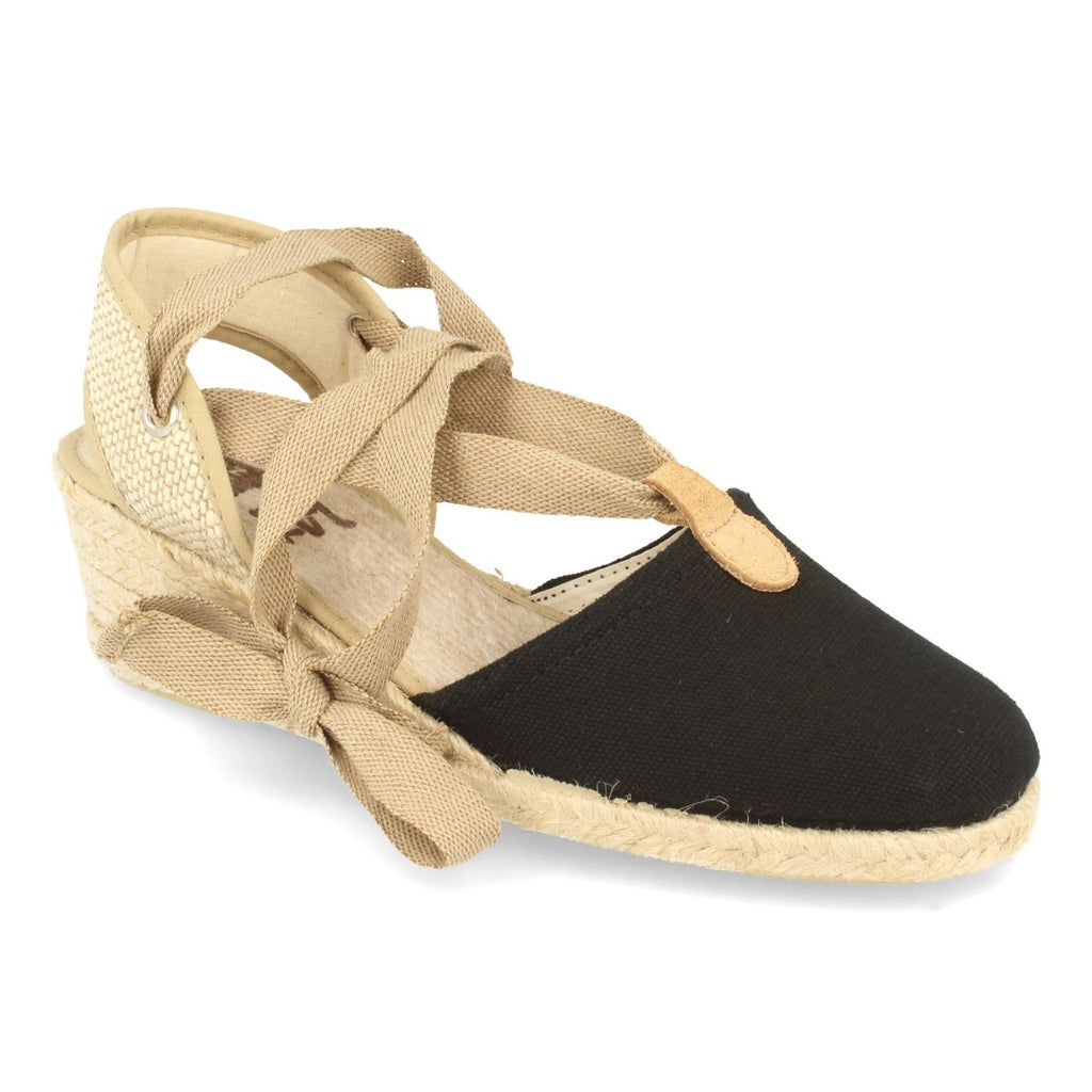 Sandalias Negras Mujer Cuña Yute Hecho en España Pala Cerrada Cordones Elegantes