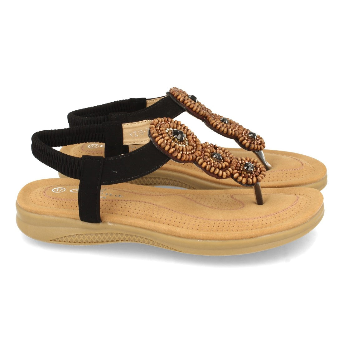 Sandalias Negras Mujer Planas Esclava Pedrería Cómodas