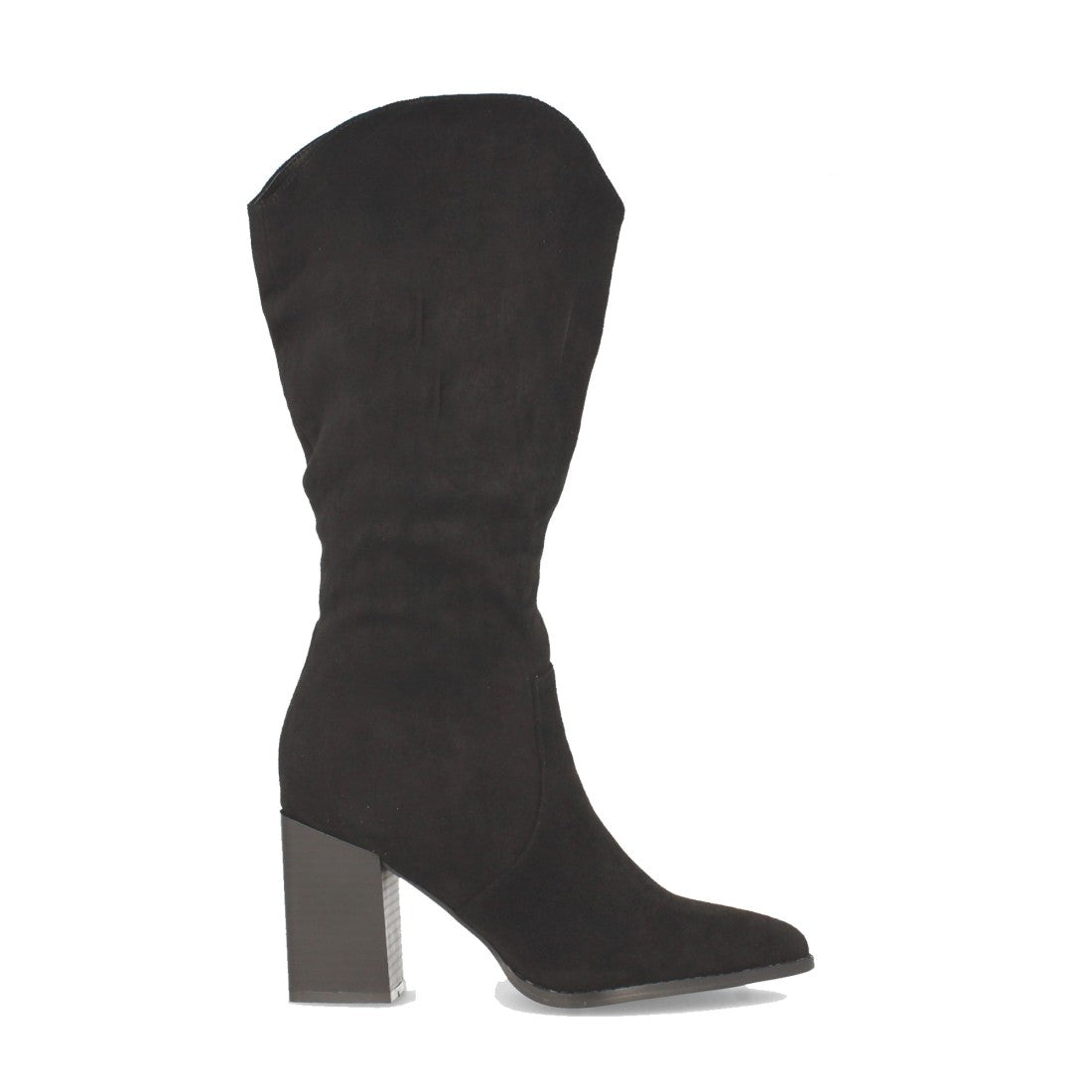 Schwarze Stiefel, hoher eckiger Absatz, spitze Zehenpartie
