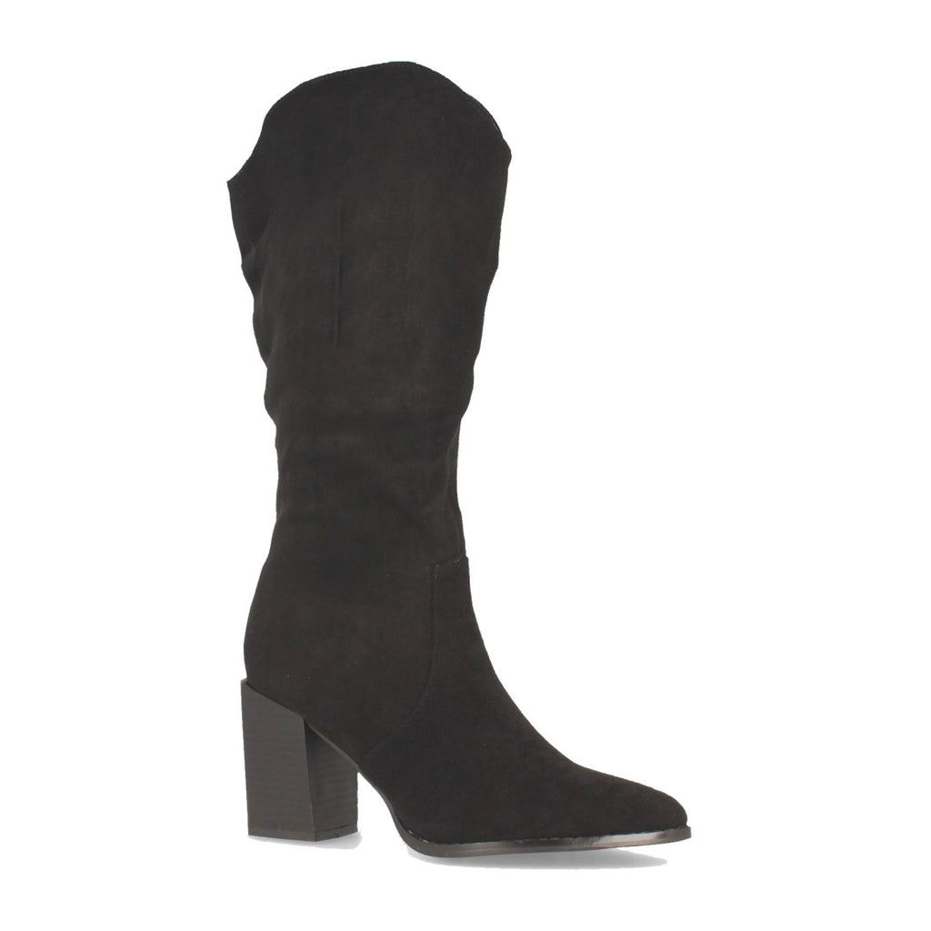 Schwarze Stiefel, hoher eckiger Absatz, spitze Zehenpartie