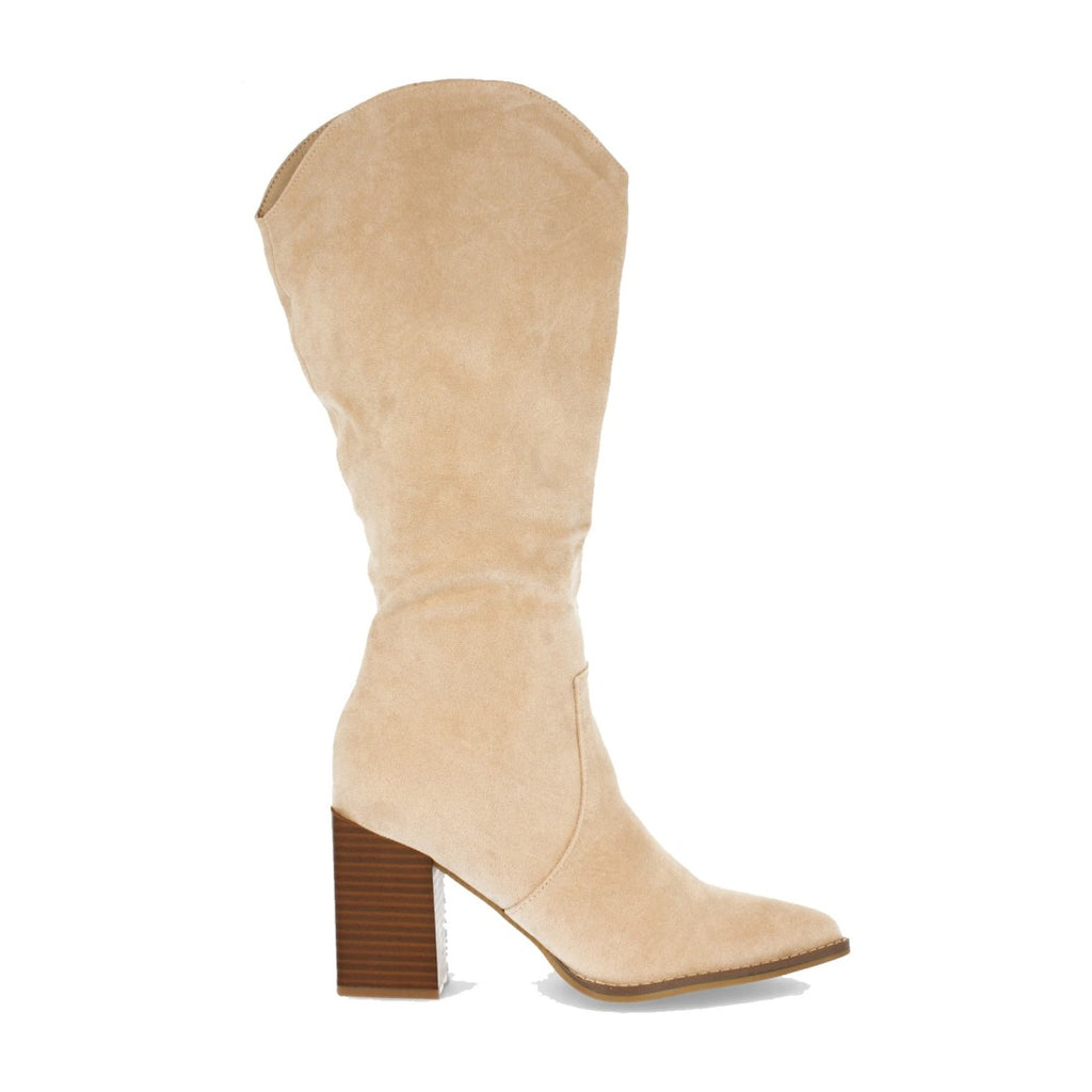 Beigefarbene Stiefel, hoher quadratischer Absatz, spitze Zehenpartie