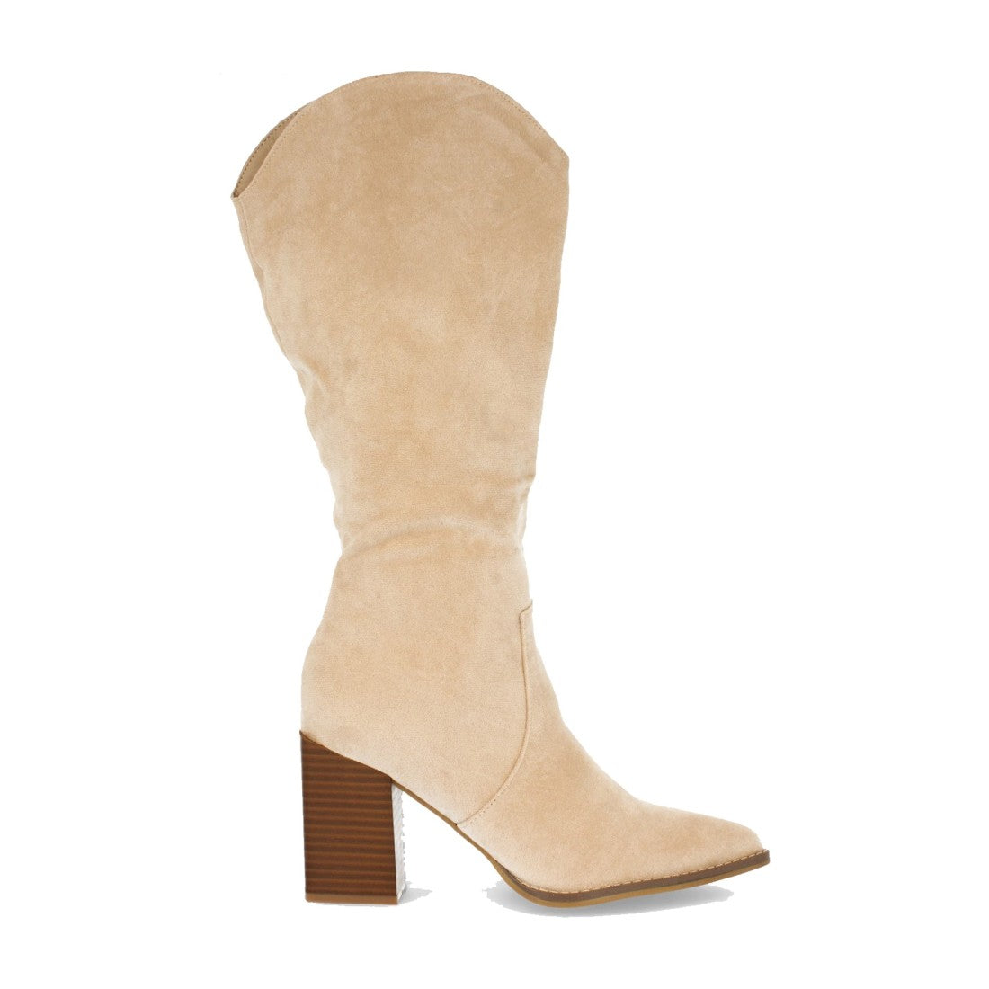 Beigefarbene Stiefel, hoher quadratischer Absatz, spitze Zehenpartie