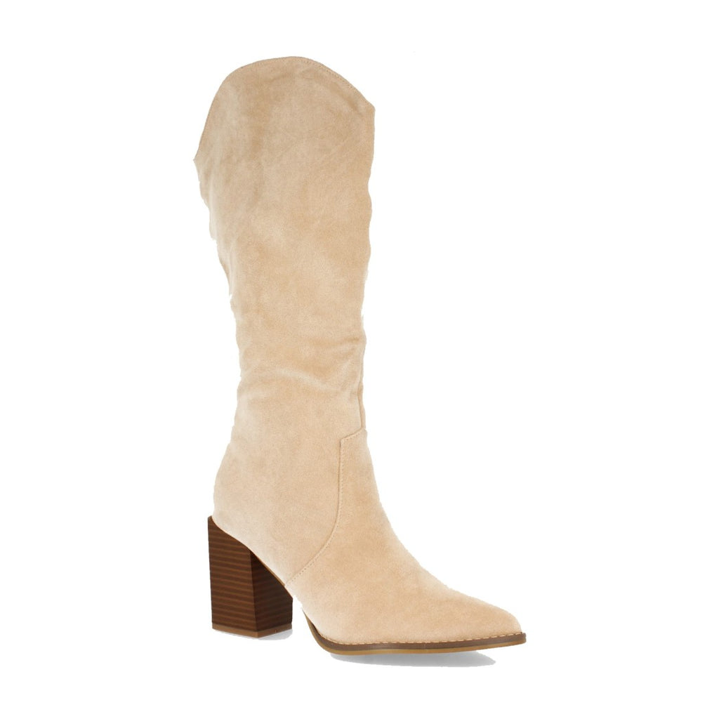 Beigefarbene Stiefel, hoher quadratischer Absatz, spitze Zehenpartie