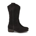 Schwarze Stiefel mit Absatz und Riemen am Schaft