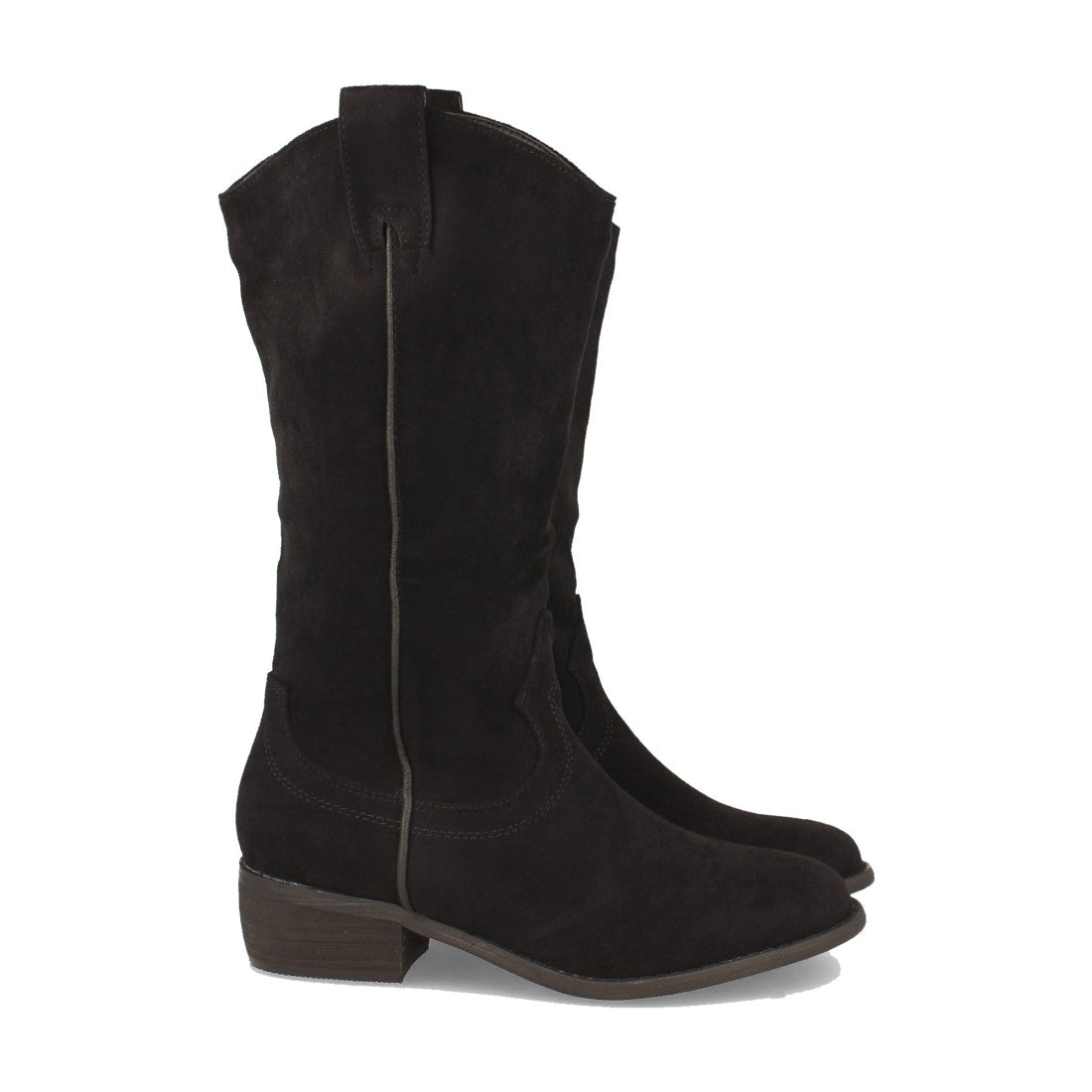 Schwarze Stiefel mit Absatz und Riemen am Schaft