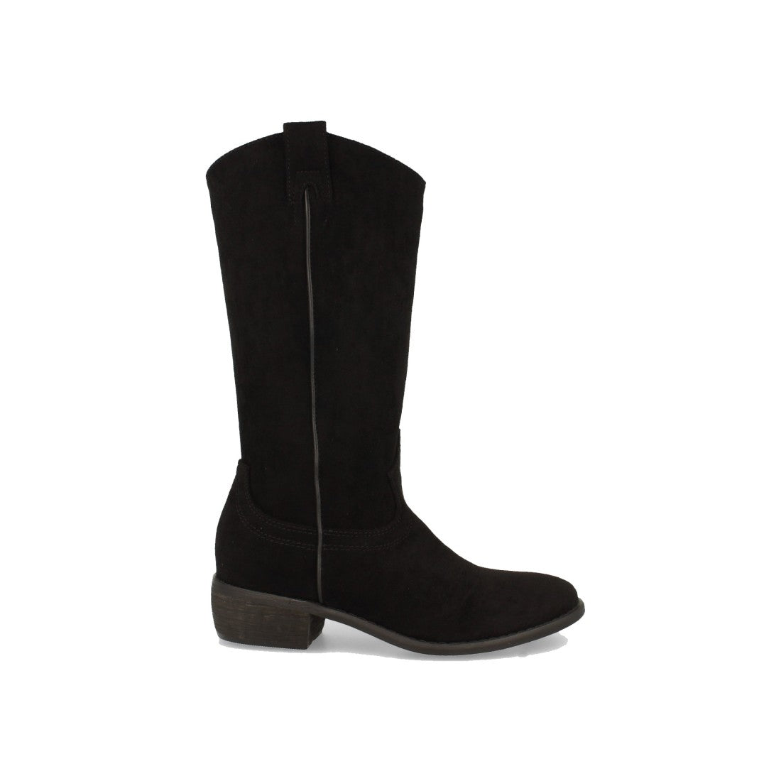 Schwarze Stiefel mit Absatz und Riemen am Schaft