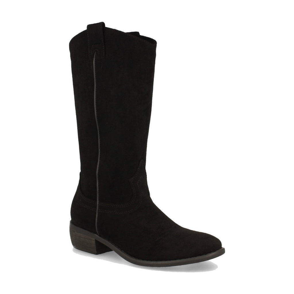 Schwarze Stiefel mit Absatz und Riemen am Schaft