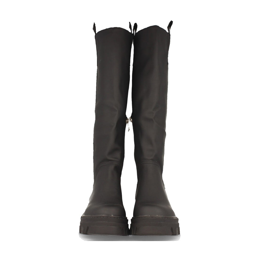 Schwarze Plateau-Stiefel mit gezackter Sohle und Reißverschluss